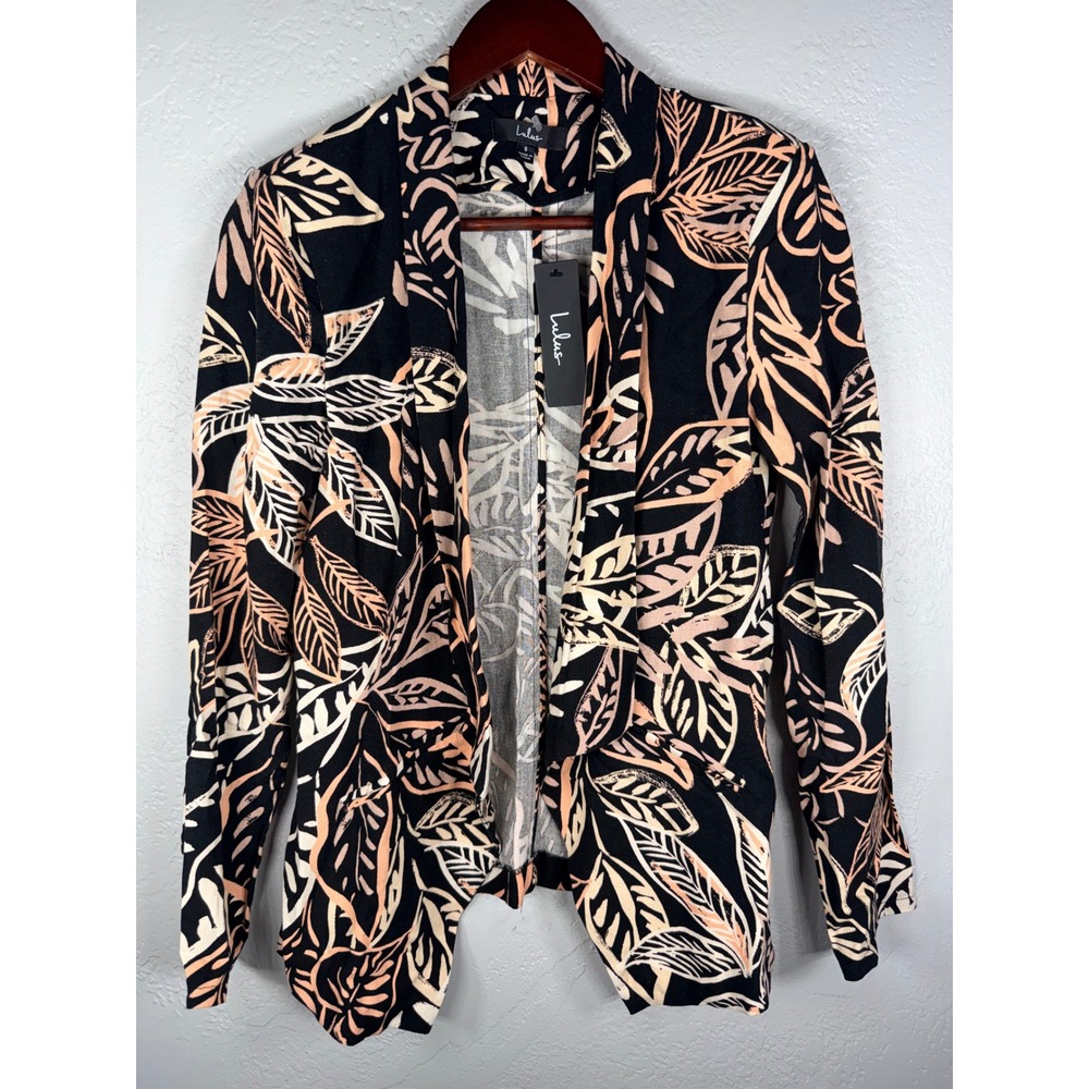 Lulus Womens Black Peach Tropical Leaf Print Rayon Linen Open Front Blazer Small